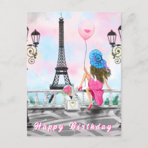 Happy Birthday Card Woman In Paris Eiffel Tower