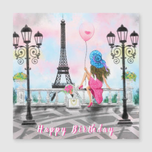 Happy Birthday Card Woman with Pink Heart Balloon