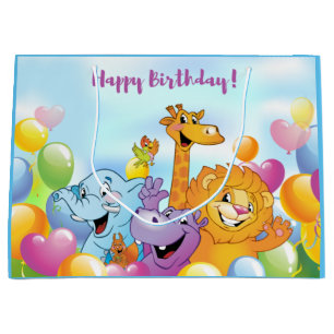 Happy Birthday Cartoon Animals and Balloons Blue Large Gift Bag