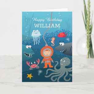 Happy Birthday Cartoon Diver Underwater Life Card