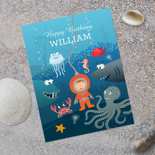 Happy Birthday Cartoon Diver Underwater Life Cute Postcard