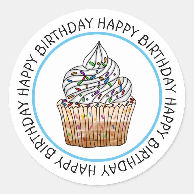 Happy Birthday Cartoon Vanilla Cupcake  Classic Round Sticker (Front)