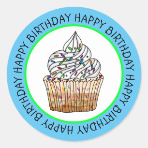 Happy Birthday Cartoon Vanilla Cupcake   Classic Round Sticker