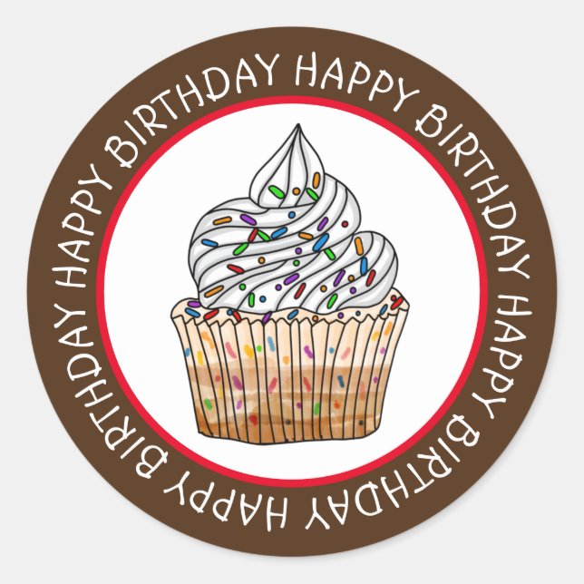 Happy Birthday Cartoon Vanilla Cupcake   Classic Round Sticker (Front)