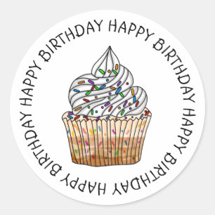 Happy Birthday Cartoon Vanilla Cupcake Classic Round Sticker