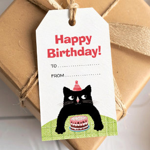 Happy Birthday cat, cake and balloons Gift Tag