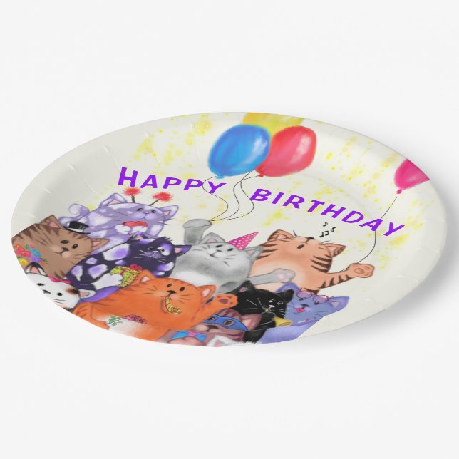 Happy Birthday Cat Funny Party Paper Plates (Angled)