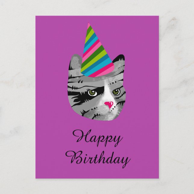 Happy Birthday Cat in Party Hat Invitation Postcard (Front)