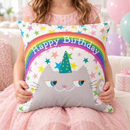 Happy Birthday Cat Pillow Cute Rainbow