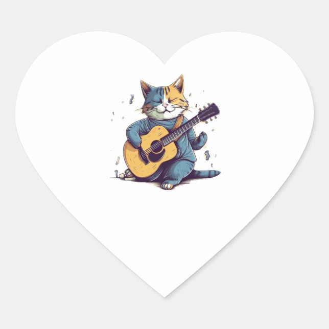 Happy Birthday Cat Singing and Playing Guitar Heart Sticker (Front)