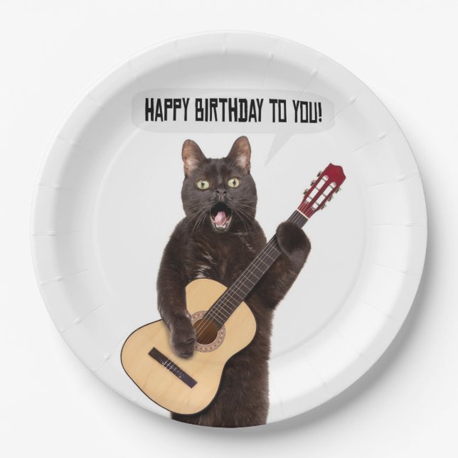 Happy Birthday Cat Singing and Playing Guitar  Paper Plate (Front)