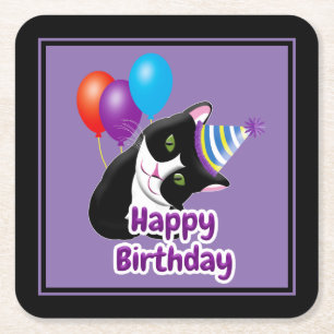 Happy Birthday Cat Square Paper Coaster