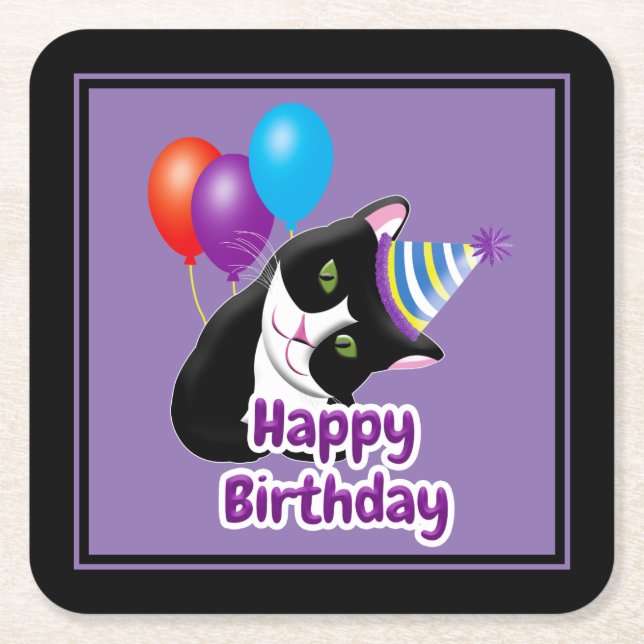 Happy Birthday Cat Square Paper Coaster (Front)
