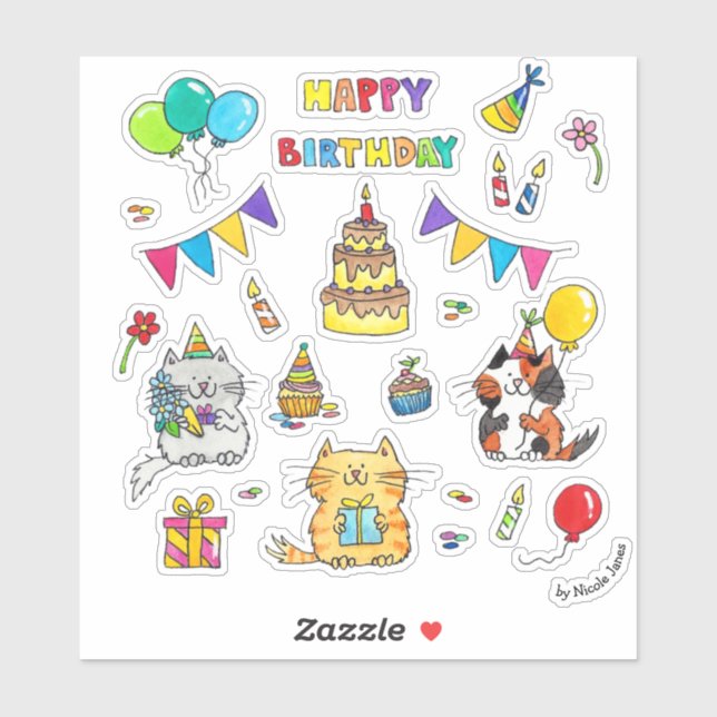 Happy Birthday Cat stickers by Nicole Janes (Sheet)