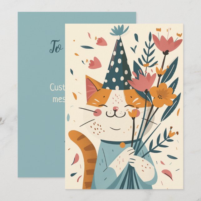 Happy Birthday Cat With Flowers Card (Front/Back)