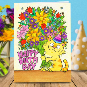 Happy Birthday Cat with Flowers Greeting Card