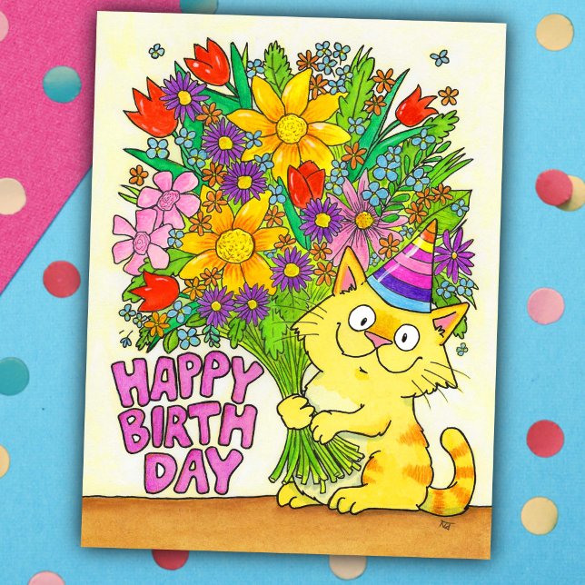Happy Birthday Cat with Flowers  Postcard (Creator Uploaded)