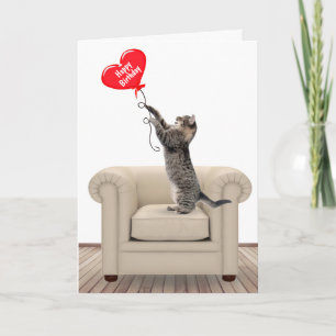 Happy Birthday Cat With Heart Balloon Card