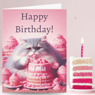 Happy Birthday Cat With Pink Cake Card