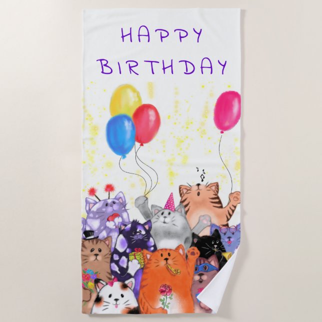Happy Birthday Cats Party Beach Towel - Your Text (Front)