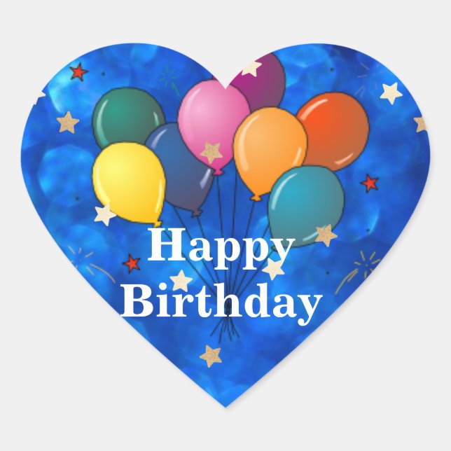"Happy Birthday," Celebration Balloons and Stars Heart Sticker (Front)