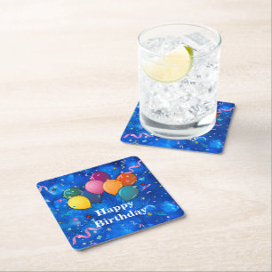 "Happy Birthday," Celebration Balloons, Confetti, Square Paper Coaster