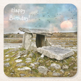 Happy Birthday Celtic Ruins Square Paper Coaster