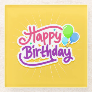 Happy Birthday Cheerful Yellow Modern Glass Coaster