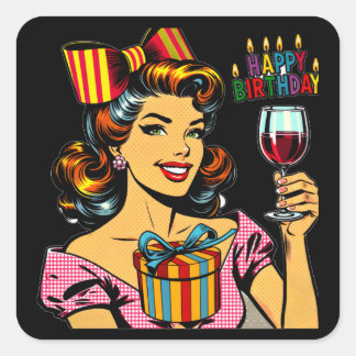 Happy Birthday | Cheers Retro Woman Square Sticker