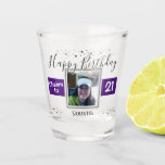 Happy Birthday Cheers to 21 Photo Shot Glass<br><div class="desc">Fun personalised 21 birthday party shot glass. Easy to customise birthday name. Add one photo to the centre. Great party keepsake.</div>