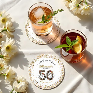 Happy Birthday Cheers To 50 Years Photo Collage Round Paper Coaster