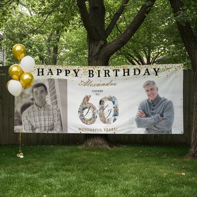 Happy Birthday Cheers To 60 Years Photo Then & Now Banner (Happy Birthday Cheers To 60 Years Photo Then & Now Banner)