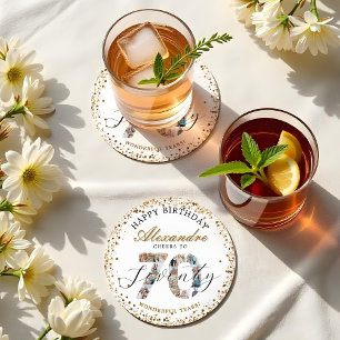 Happy Birthday Cheers To 70 Years Photo Collage Round Paper Coaster