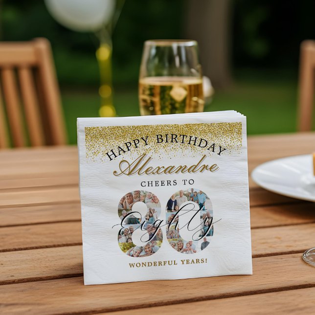 Happy Birthday Cheers To 80 Years Photo Collage Napkin (Happy Birthday Cheers To 80 Years Photo Collage Napkins)