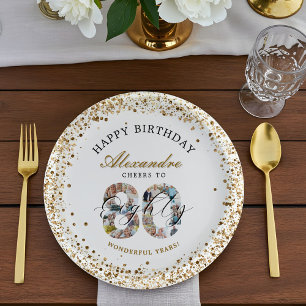 Happy Birthday Cheers To 80 Years Photo Collage Paper Plate