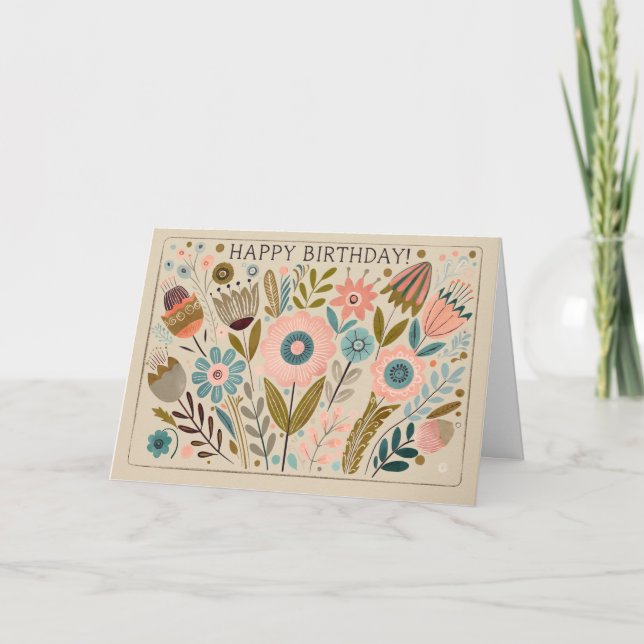 Happy Birthday Cheery Gouache Folk Art Floral Thank You Card (Front)