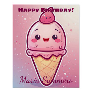Happy Birthday Cherry Ice-cream Kawaii Cartoon  Poster