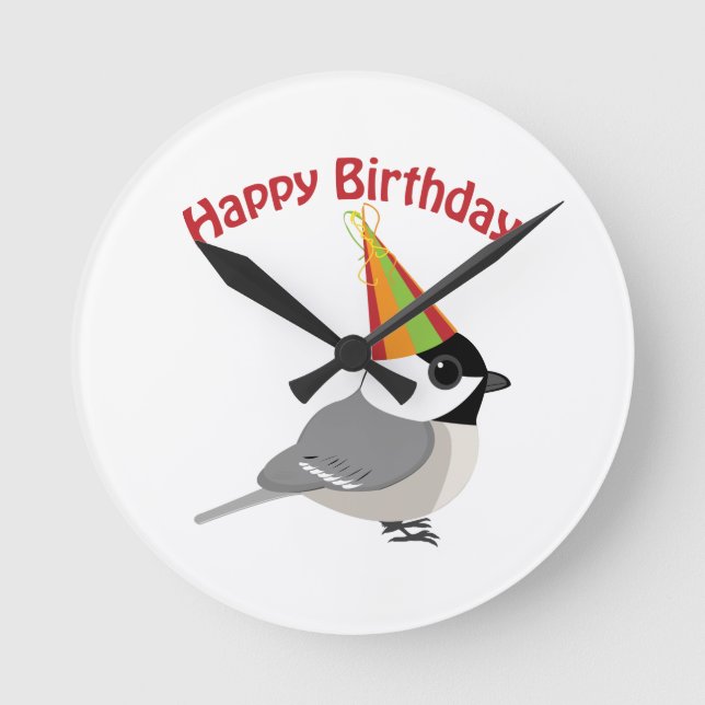Happy Birthday Chickadee Round Clock (Front)