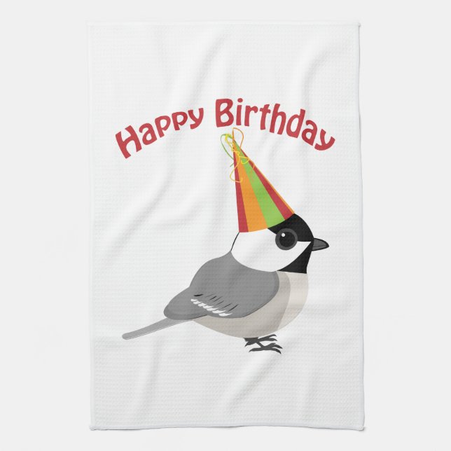 Happy Birthday Chickadee Tea Towel (Vertical)