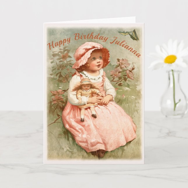 Happy Birthday - Child Holding Doll Vintage Design Card (Small Plant)