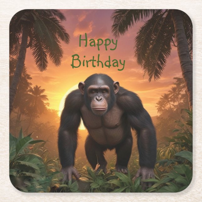 Happy Birthday Chimp Square Paper Coaster (Front)