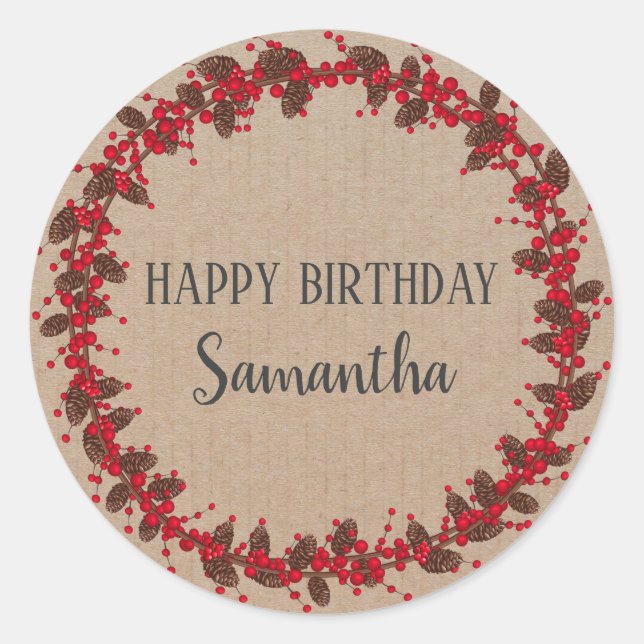 Happy Birthday Christmas Floral Wreath Craft  Clas Classic Round Sticker (Front)
