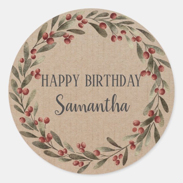 Happy Birthday Christmas Floral Wreath Craft  Classic Round Sticker (Front)