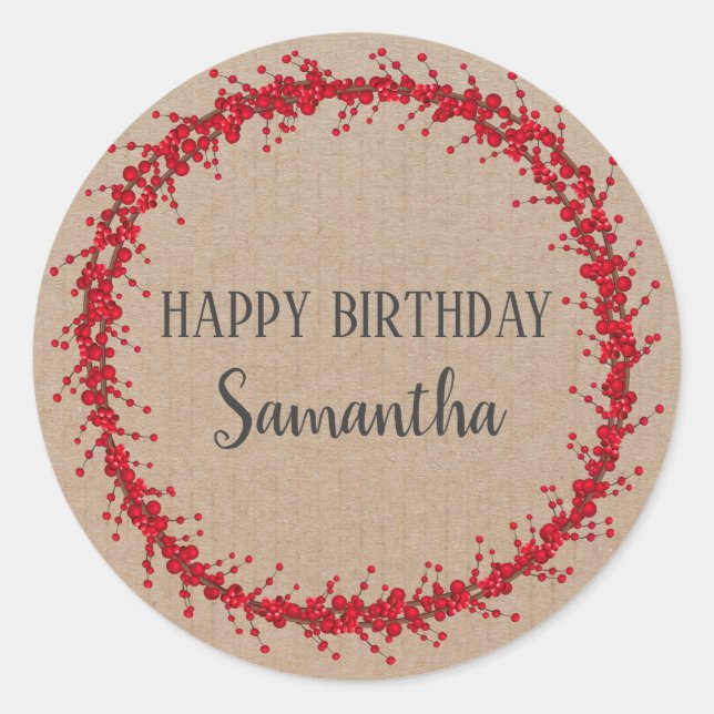 Happy Birthday Christmas Floral Wreath Craft  Classic Round Sticker (Front)