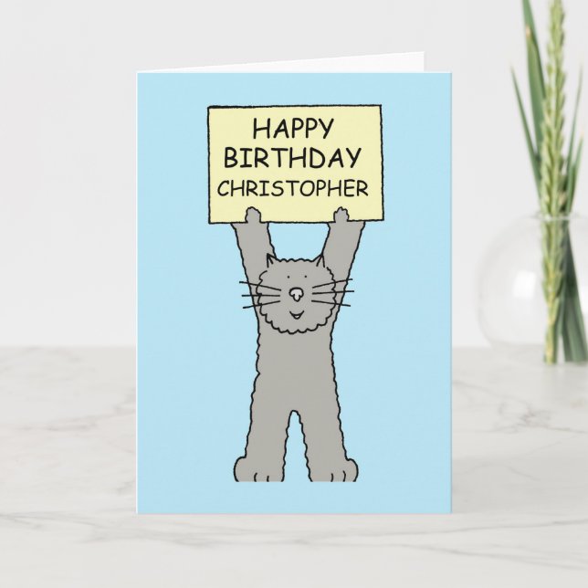 Happy Birthday Christopher Cartoon Cat Card (Front)