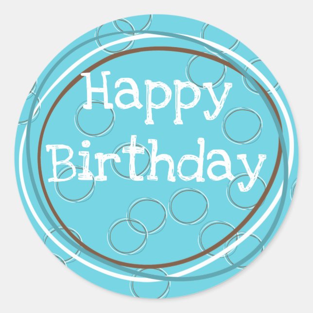 Happy Birthday Circles Turquoise White Brown  Classic Round Sticker (Front)