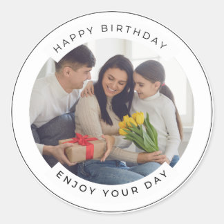 Happy Birthday | Classic Simple Custom Photo  Classic Round Sticker