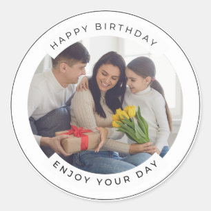 Happy Birthday   Classic Simple Custom Photo  Round Sticker