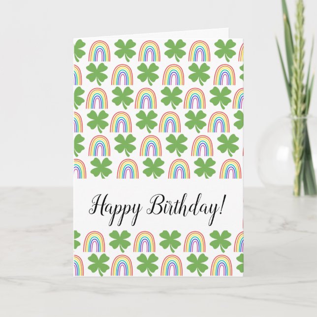 Happy Birthday Clovers and Rainbows Pattern Holiday Card (Front)