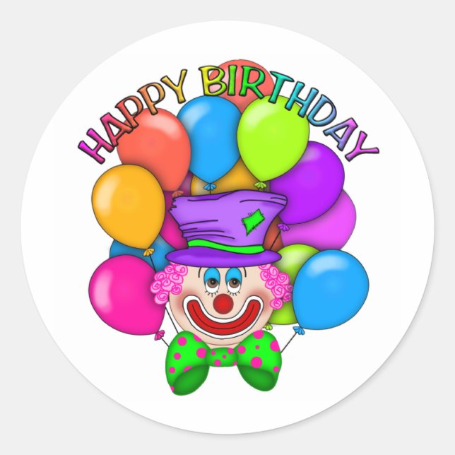 Happy Birthday Clown and Balloons Classic Round Sticker (Front)